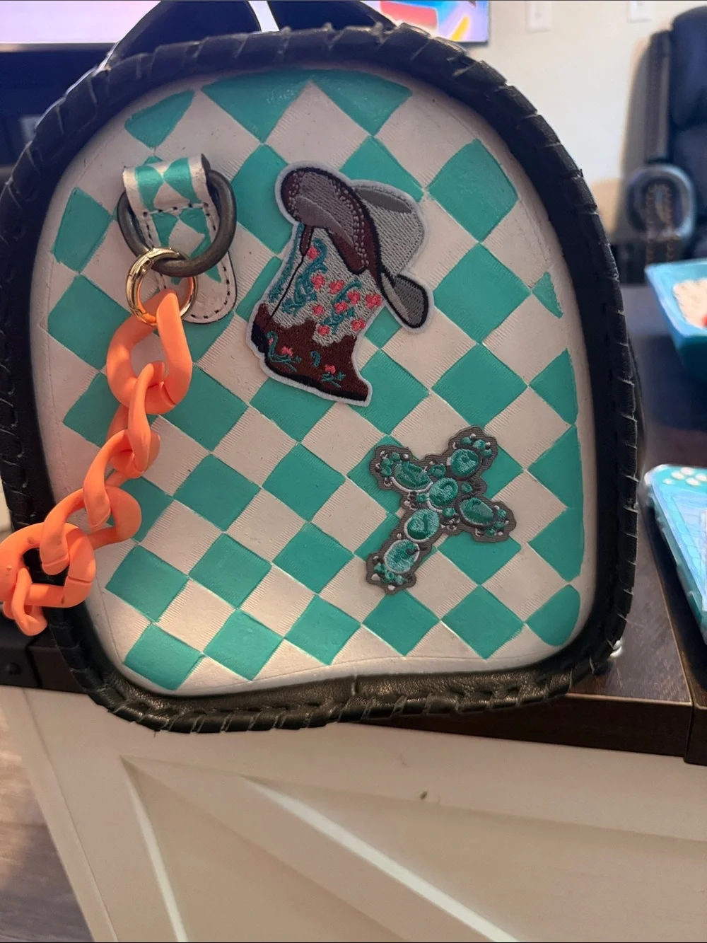 Turquoise & Cream Checker Dome Satchel with Coral Chain Accents